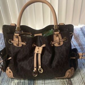 Michael Kors Brown Logo Canvas Satchel Tote with Leather Trim gold-tone hardware